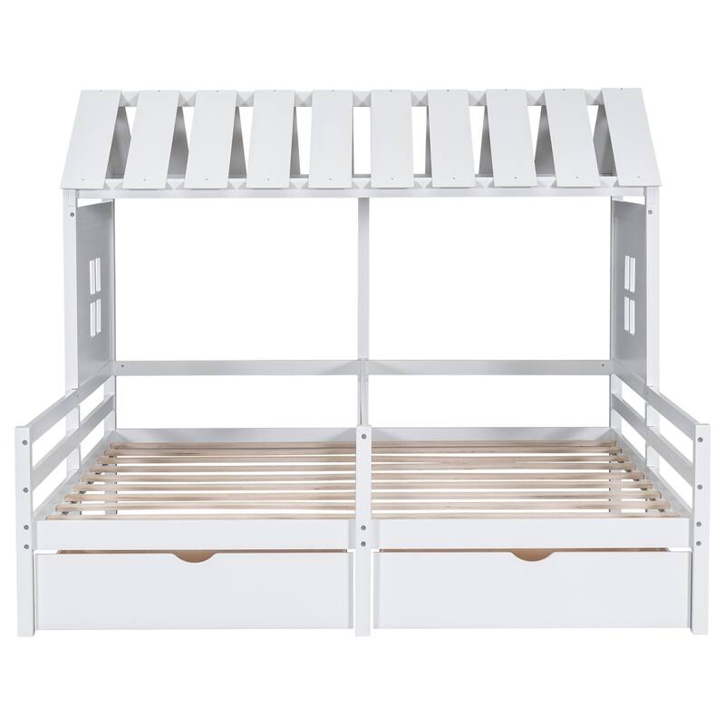 Merax 2 Shared Beds Twin Size House Platform Beds with Two Drawers