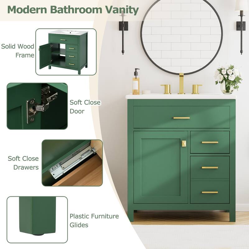 30-Inch Bathroom Vanity with Ceramic Sink Top, Freestanding Bathroom Vanity Cabinet with 1 Soft Close Door, 3 Drawers and Shelf