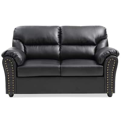 Flared Arm Faux Leather Straight Sofa with Nailhead Trim - 60" - Black
