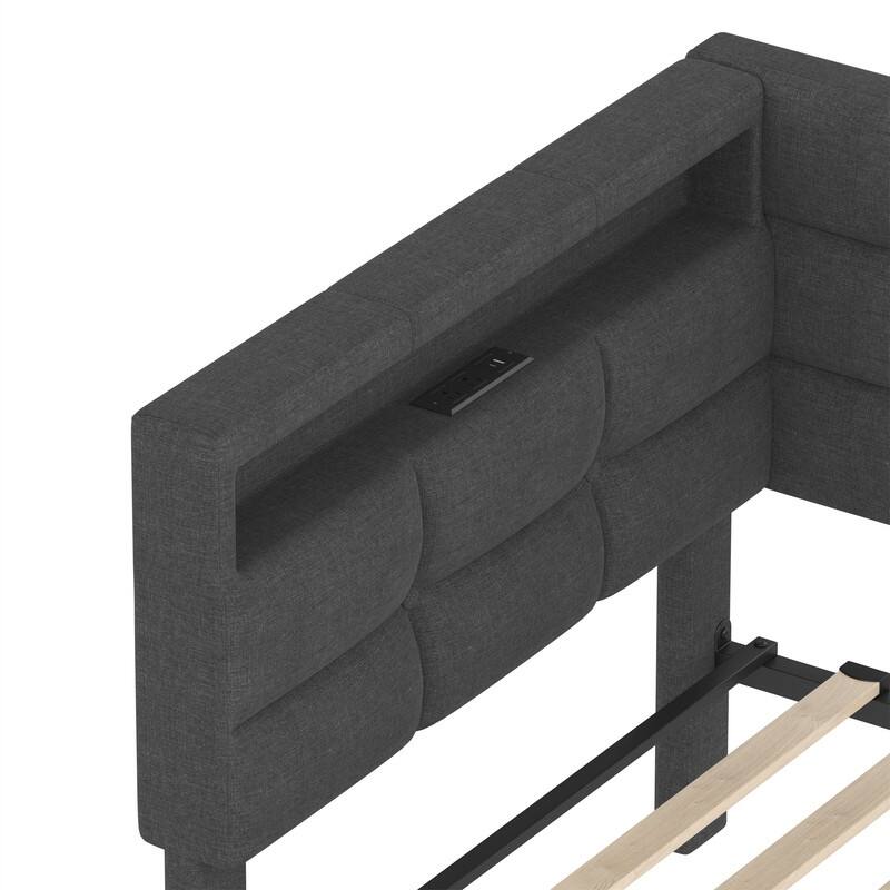 Twin Size Daybed with 2 Storage Drawers and LED Lights, Upholstered Sofa Bed Frame with Storage Headboard & Charging Station