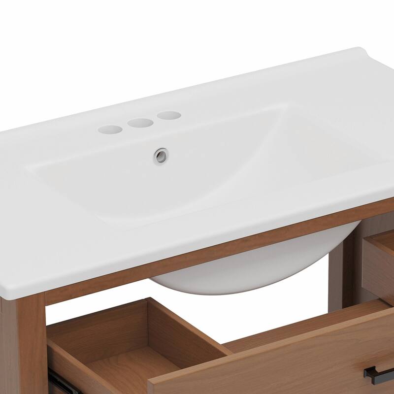 36" Rattan Bathroom Vanity with Ceramic Sink, Modern Bathroom Sink Cabinet with 2 Soft Close Doors and 3 Drawers