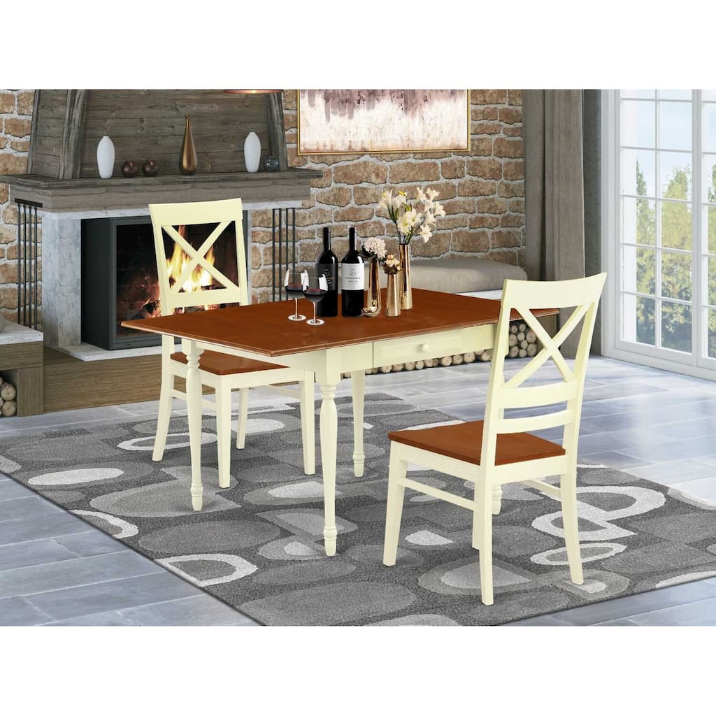 HomeStock 3-Pc Buttermilk and Cherry Finish Rectangular Solid Wood Top With Dropleaf Dining Table Set