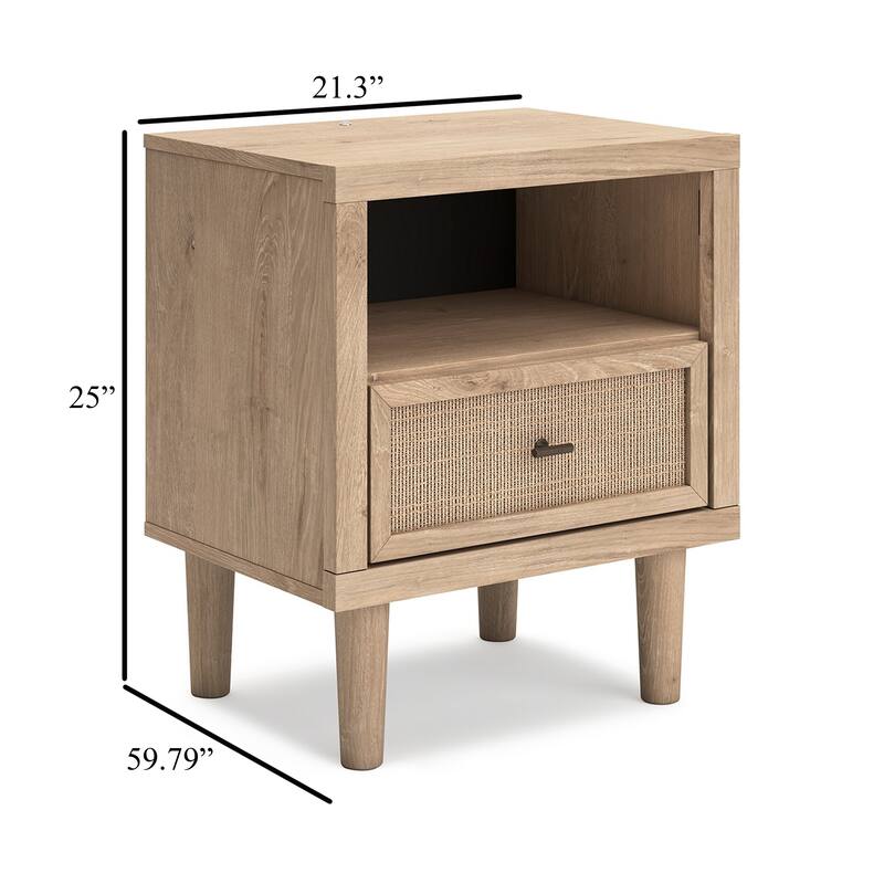 Ciel Nightstand w USB LED, Faux Linen Laminate, Cane Drawer, Oak Brown