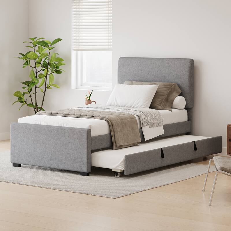 Velvet Upholstered Platform Bed with Trundle Bed & Adjustable Button Tufted Headboard - Grey - Twin