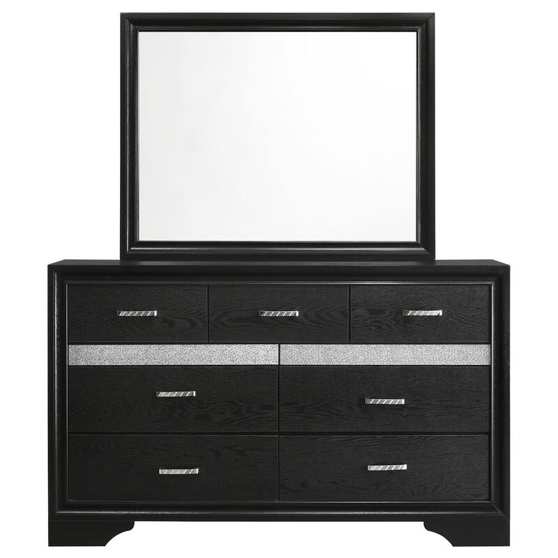 Vino Wide Dresser with Mirror, 7 Drawers, Modern Black, Chrome Accent