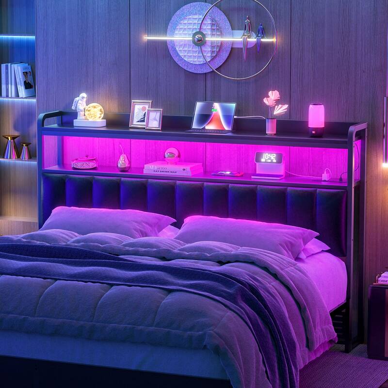 Upholstered Headboards with Charge Station and LED Light, Height Adjustable Head Board with Storage