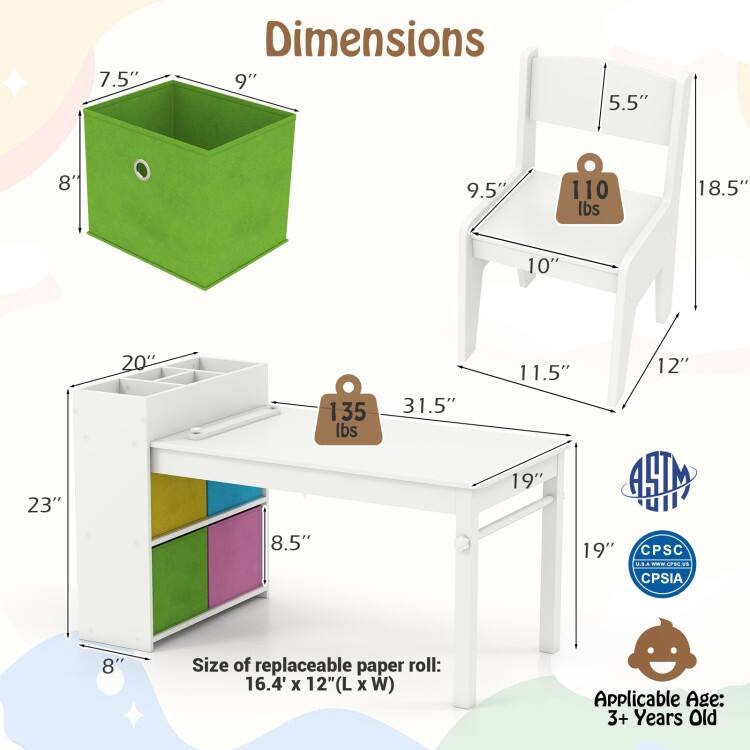 Kids Art Table and 2 Chairs Set with 4 Fabric Storage Bins and 4 Compartments - 39.5" x 20" x 23" (L x W x H)