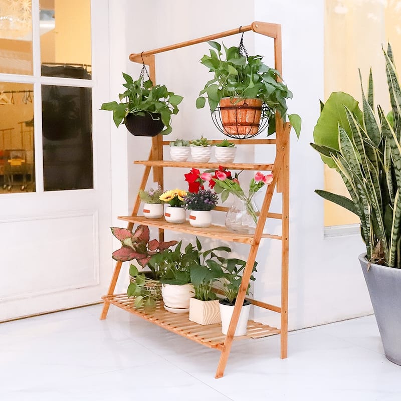 39.4" Large 3 Tier Plant Stand Hanging Rack Bamboo Ladder Foldable Flower Pots