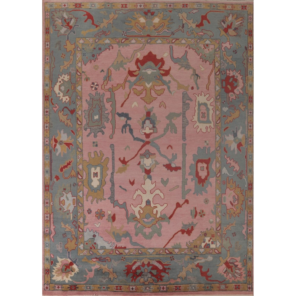 Pink Oushak Area Rug Handmade Transitional Floral Wool Carpet - 9'0"x 12'0"