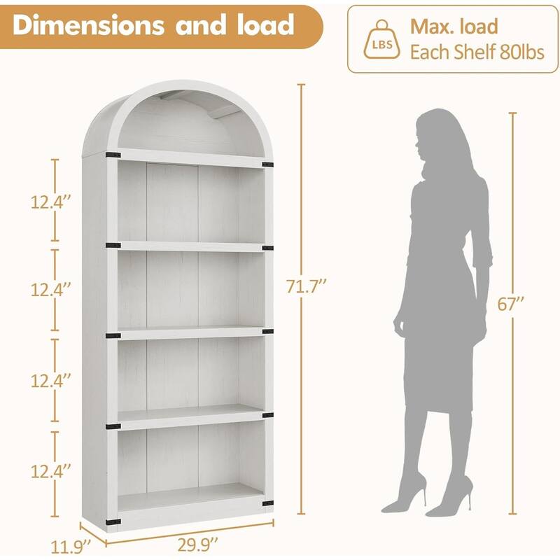 71.65" Tall Farmhouse 5-Tier Arched Bookcase, Display Storage Shelf - N/A
