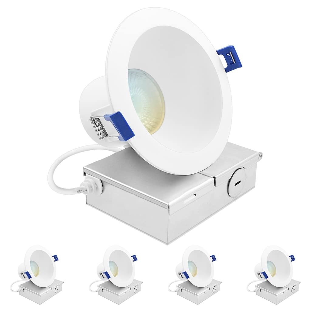 Luxrite 4 in. LED Recessed Ceiling Light J-Box 12W 5CCT 1160 Lumens Dimmable Wet Rated IC Rated 4 Pack