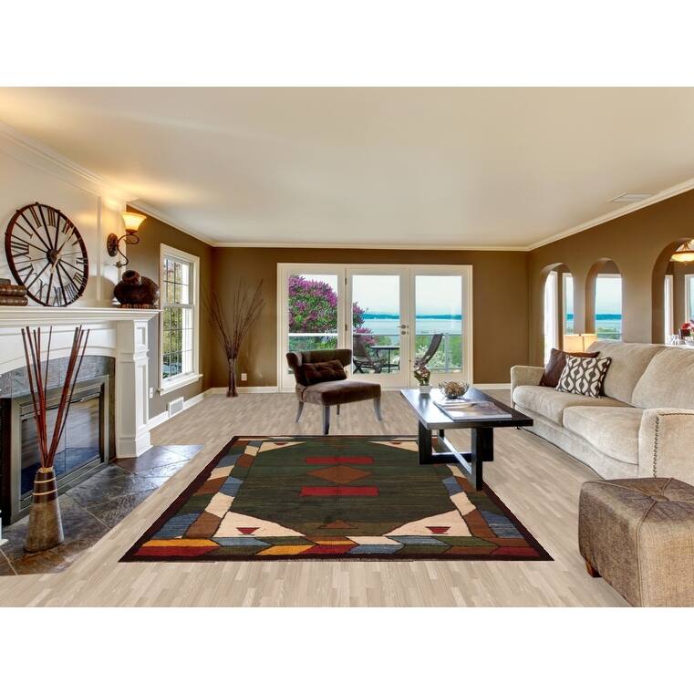 Green Geometric Gabbeh Persian Area Rug Hand-Knotted Wool Carpet - 6'5"x 10'2"