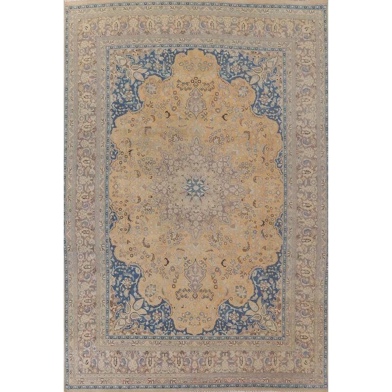 Hand Knotted Oriental 100% Wool Carpet Traditional Floral Yellow & Gold Mashad Area Rug - 12' 8'' X 9' 7''