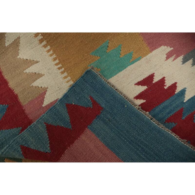Hand Woven Oriental 100% Wool Carpet Southwestern Tribal Multi-Colored Kilim Runner Rug - 14' 6'' X 4' 9''