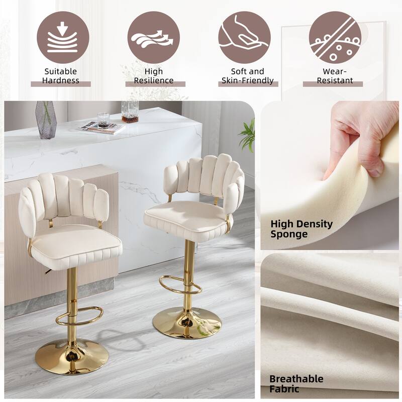 HOMEFUN Velvet Swivel Adjustable Height Scallop Bar Stools With Footrest(set of 2)