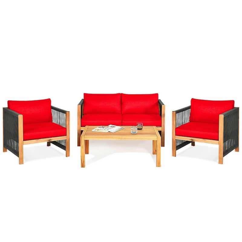 4 Pcs Acacia Wood Outdoor Patio Furniture Set with Cushions - 52" x 26" x 25" (L x W x H) - Red