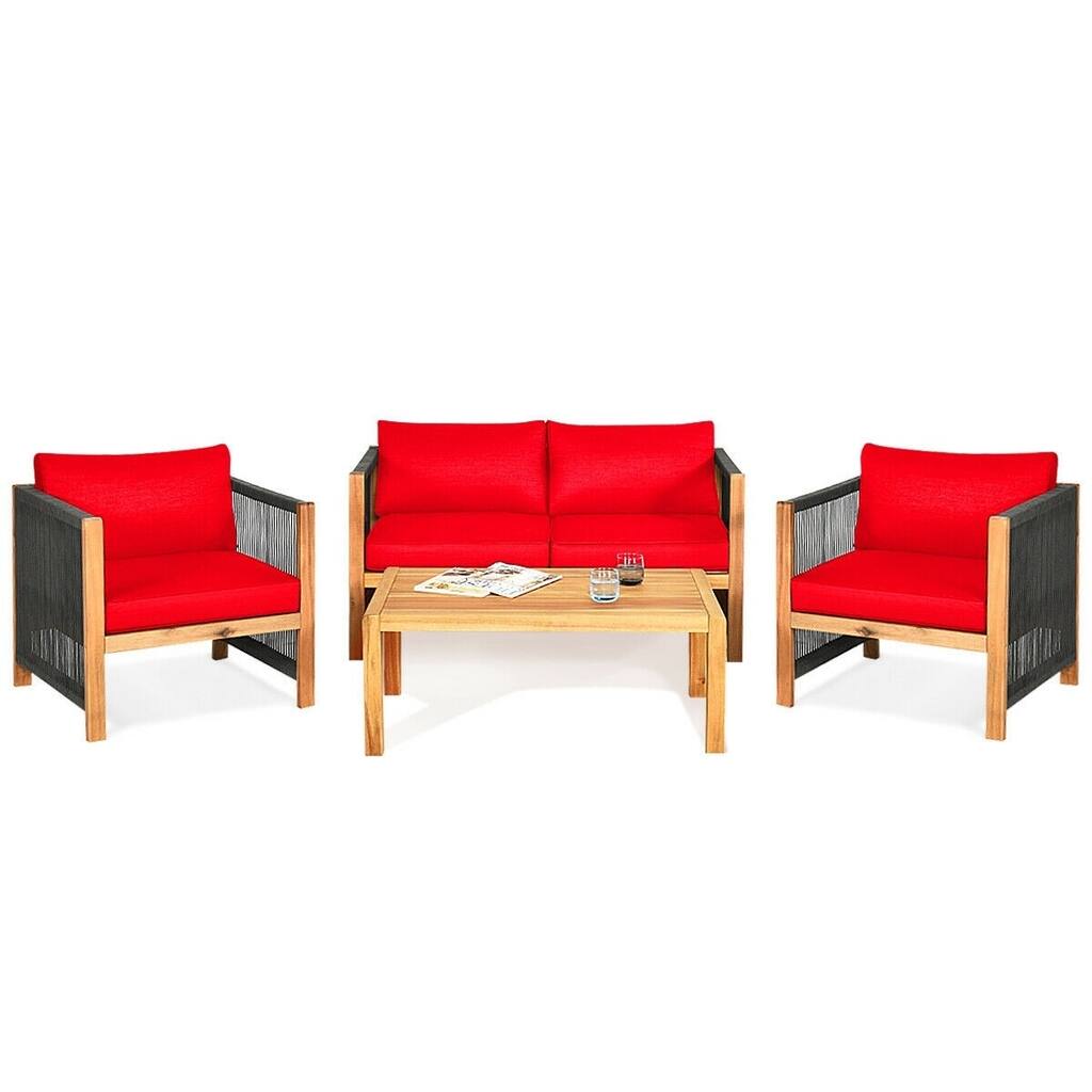 4 Pcs Acacia Wood Outdoor Patio Furniture Set with Cushions - 52" x 26" x 25" (L x W x H)