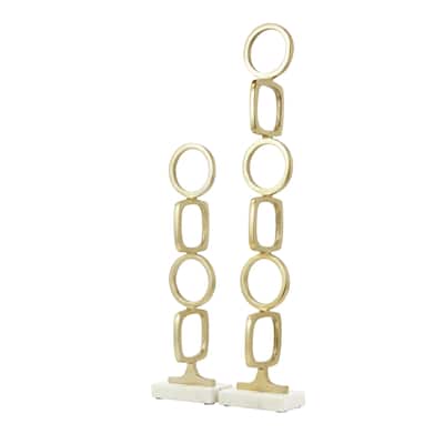 Aluminum Metal Abstract Stacked Geometric Rings Sculpture with Marble Bases - Set of 2 Gold - Roche River Decor