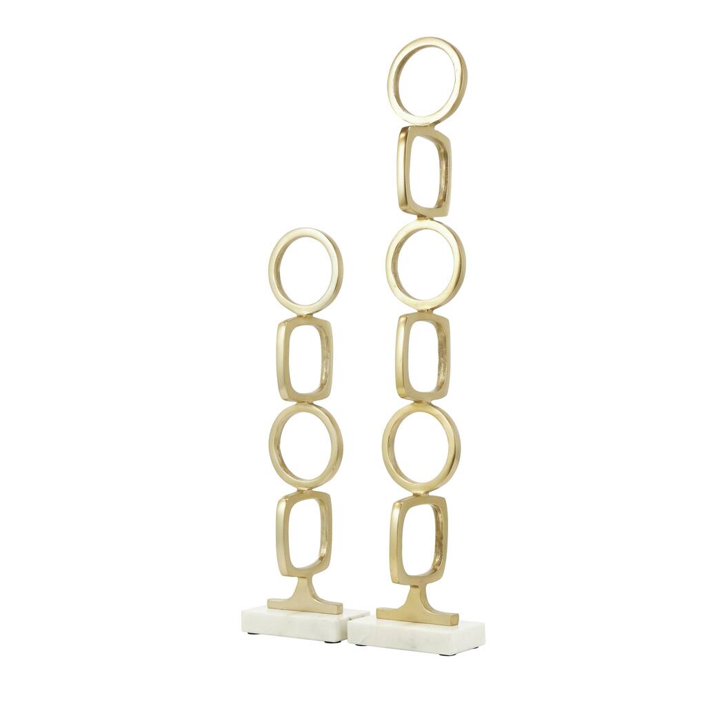 Aluminum Metal Abstract Stacked Geometric Rings Sculpture with Marble Bases - Set of 2 Gold - Roche River Decor