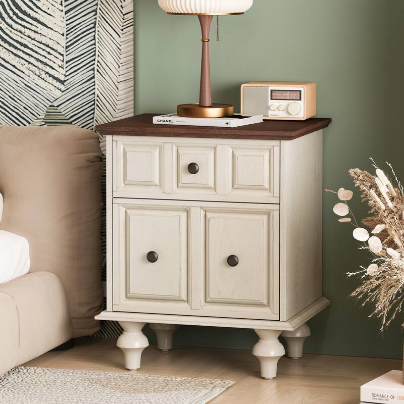Vintage Nightstand with 2 Drawers and Roman Column Legs Set of 2
