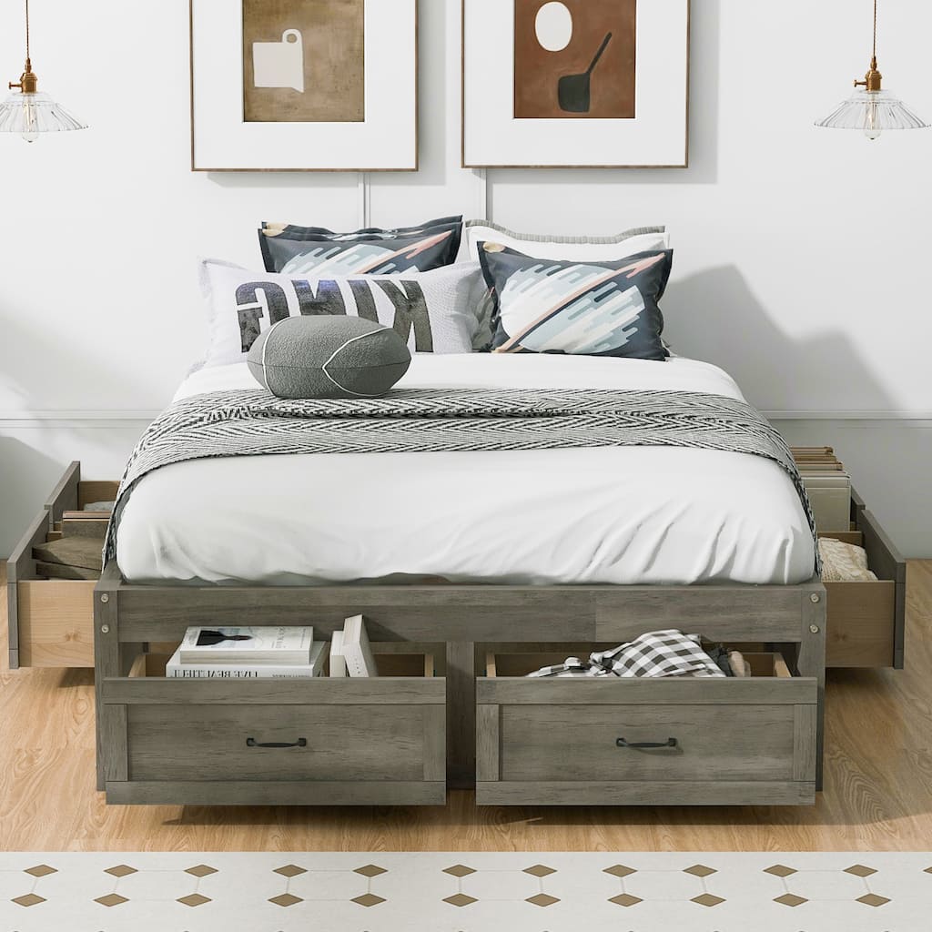 Full/Queen Size Platform Bed without Headboard, Wooden Storage Platform Bed Frame with 6 Drawers, Wood Slats Support