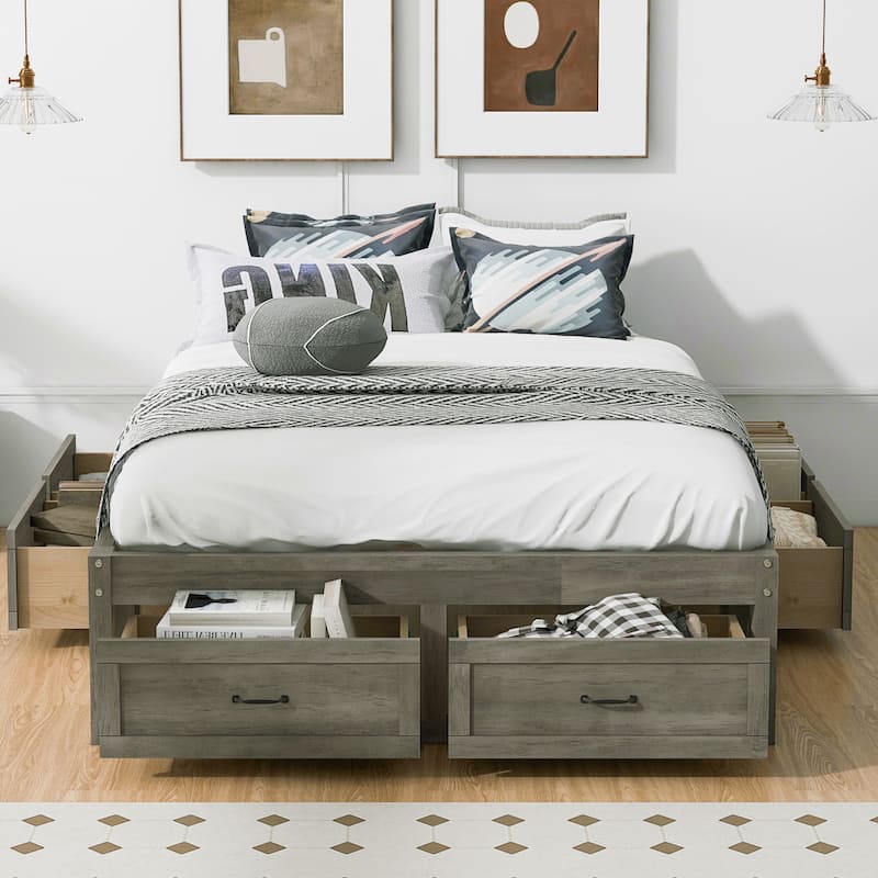 Full Size Platform Bed with 6 Storage Drawers in Antique Gray