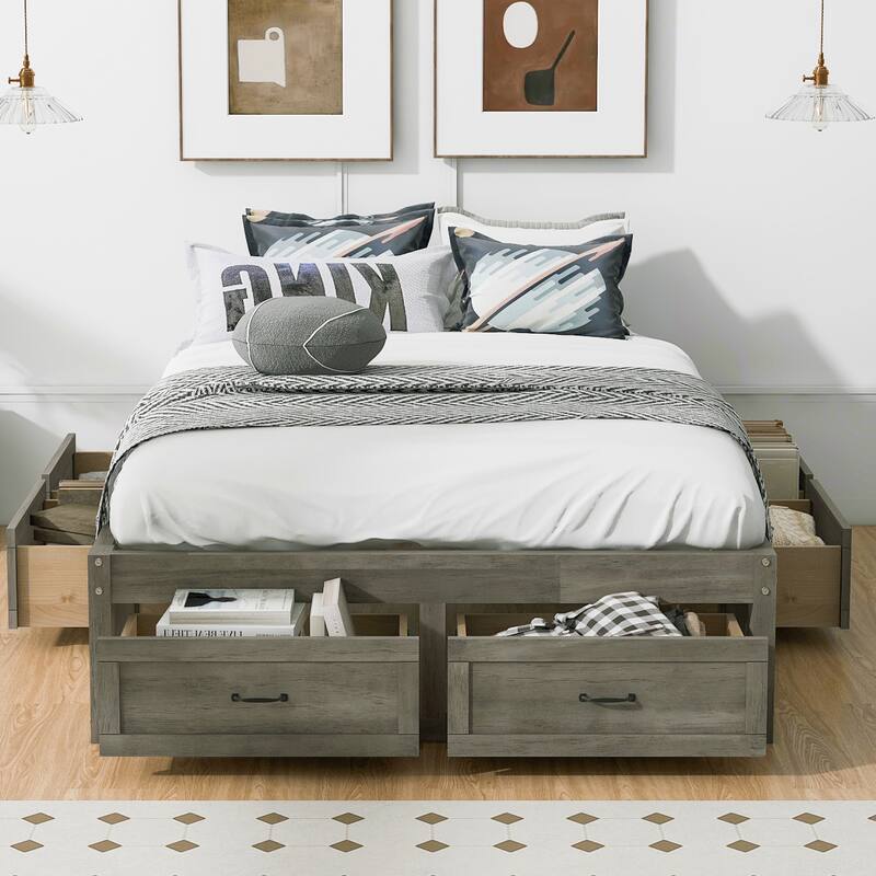 Full Size Wood Structure Platform Bed Retro Mattress Foundation Grounded Storage Bed Frame with 6 Drawers, Antique Grey - Antique Grey - Full