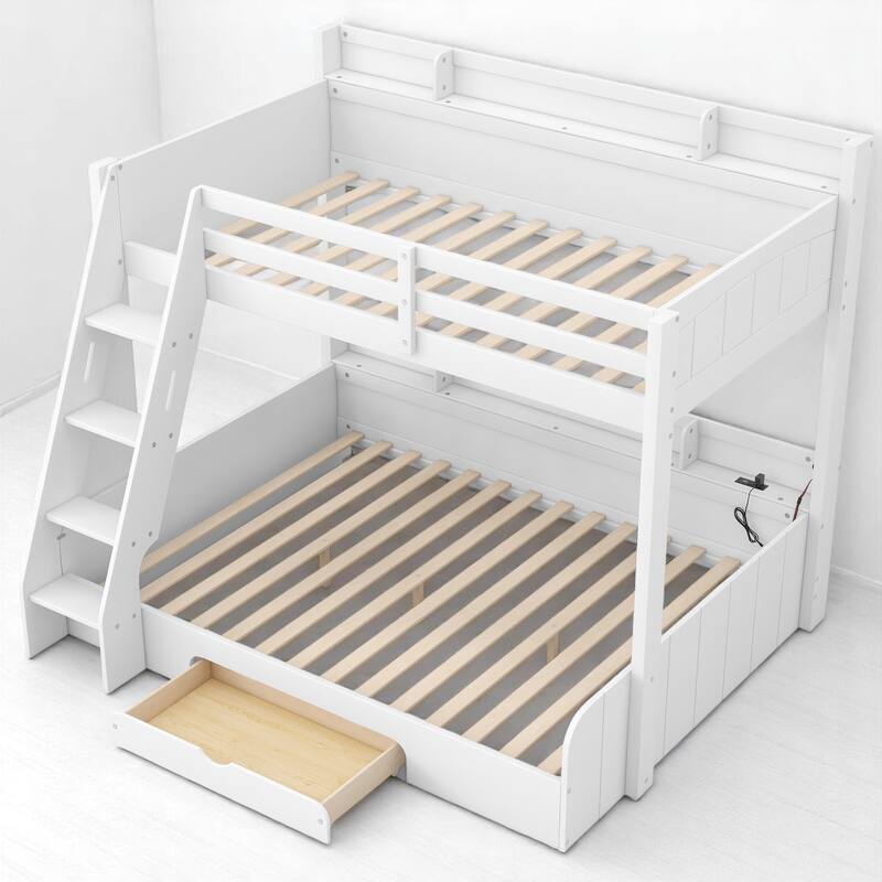 Twin Over Full Bunk Bed with Storage Shelves, LED Lights, Charging Station, and Drawer, kid bed,Storage bed