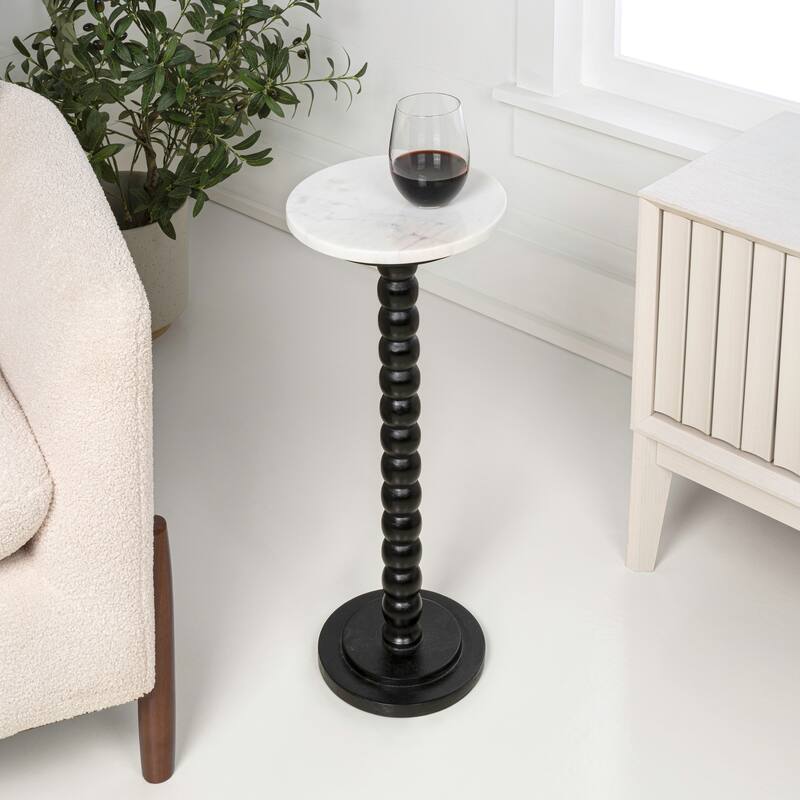Monroe 24.25″ Farmhouse Spindle Wood Drink & End Table w/ White Marble Top, By JONATHAN Y