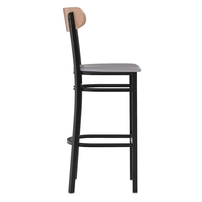 Commercial Metal Barstool with Wood Seat and Boomerang Back