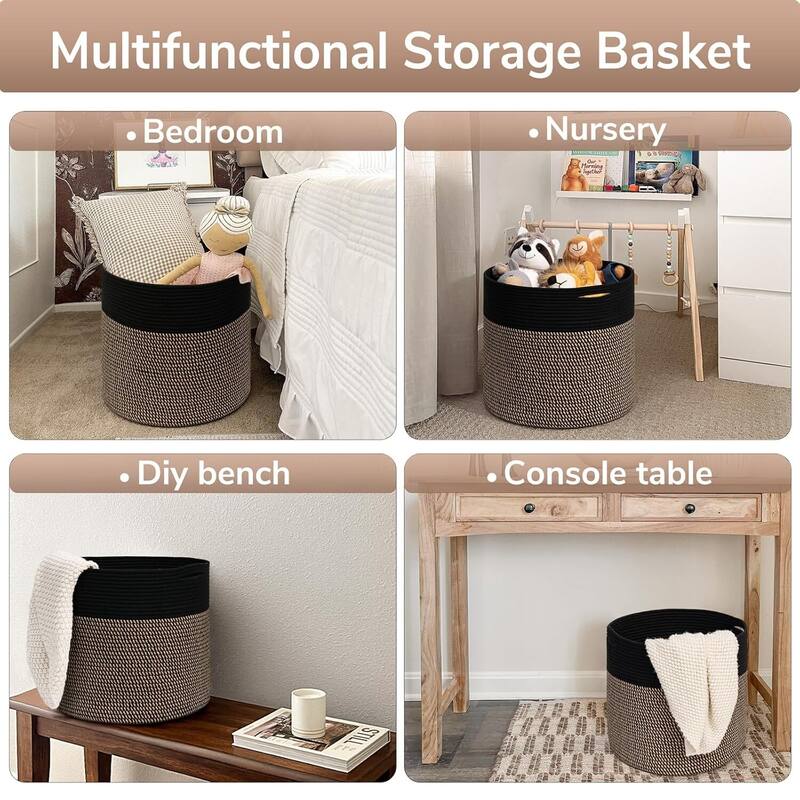 Large Cotton Rope Basket, Blanket Basket Living Room 15.8"x15.8"x13.8" Baby Toy Storage - 15.8"L x 15.8"W x 13.8"H