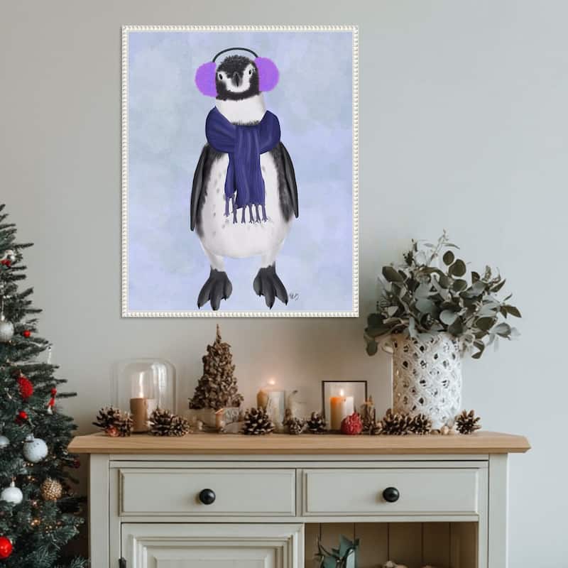 Penguin Ear Muffs by Fab Funky (23 x 28 in.), Framed Canvas Wall Art Print - Sylvie Beaded White