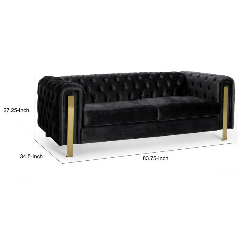 Nua Sofa, Chesterfield Tufted Black Velvet, 84 Inch, Modern Gold Legs