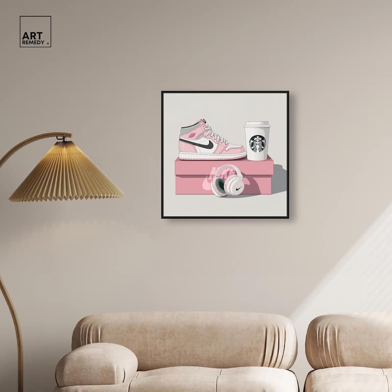 Pink Sneaker and Headphones Canvas by Art Remedy