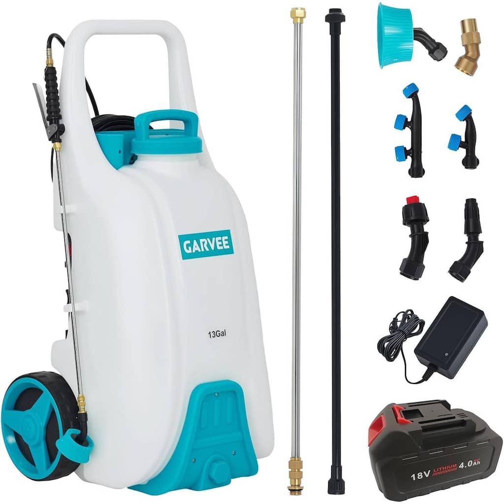 13 Gallons Battery Powered Backpack Sprayer with Wheeled Cart, 6 Nozzles & 2 Wands - N/A
