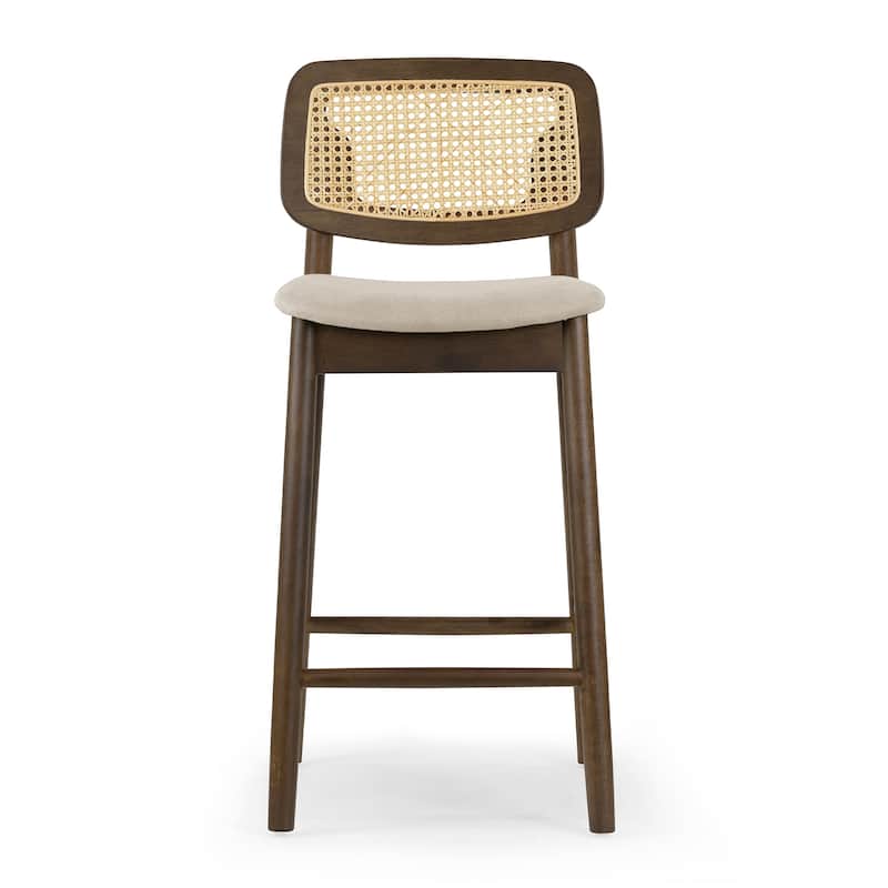 Set of 2 Azuka Beige Fabric Counter Stool with Rattan Back and Walnut Wood Legs
