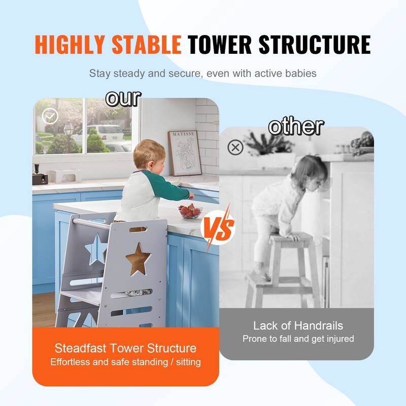 VEVOR Tower Step Stool, 3-Level Height Adjustable Toddler Step Stools for Kids, Stool with Safety Rail