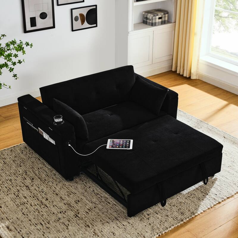 Sleeper Sofa Couch Bed, Pull Out Loveseat with Storage, Convertible Sleeper Sofa w/ Side Pockets, Adjustable Backrest & USB Port