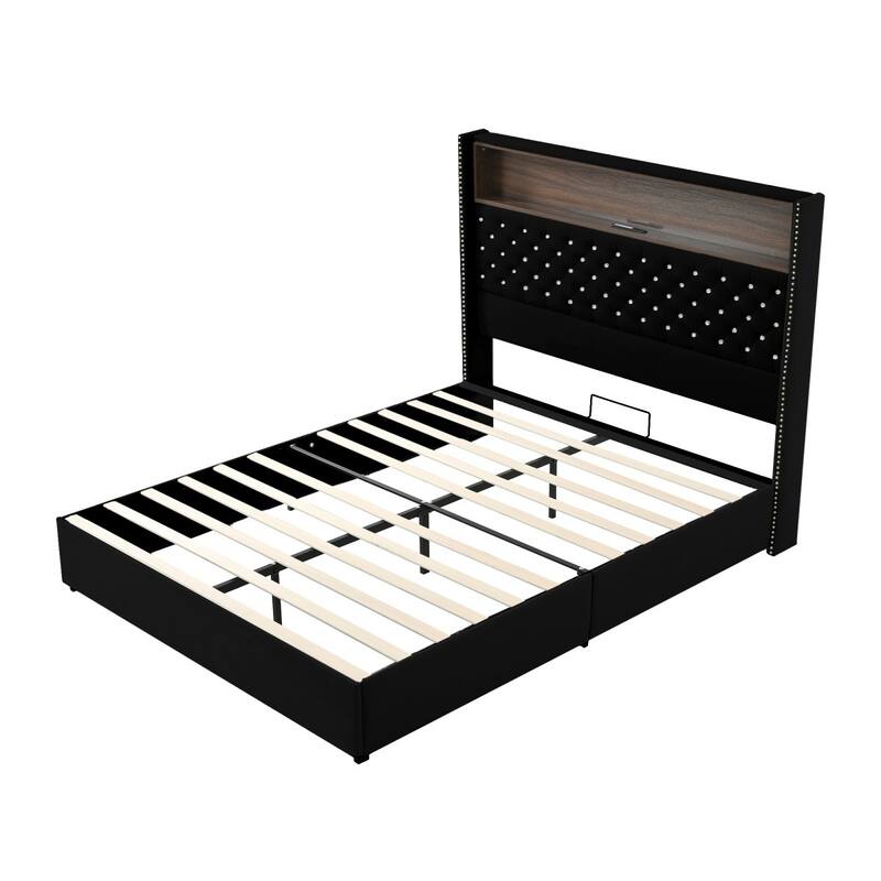 Velvet Tufted Platform Bed with USB Port and Night Light with 52'' High Headboard Shelf