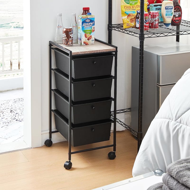 Suprima® Storage Carts - 4 Drawer Woodtop Shelf by DormCo - Black / Royal Oak Top