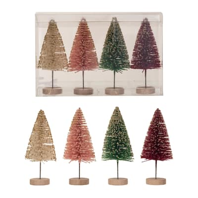 Sisal Bottle Brush Trees with Glitter and Wood Base, Set of 4
