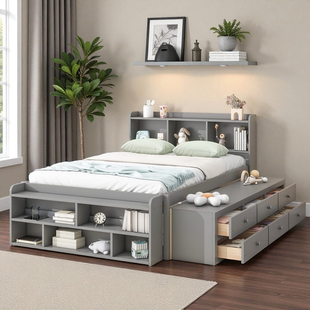 Full Size Wooden Storage Bed with Bookcase Headboard, 6 Drawers, and Bed-End Storage Case