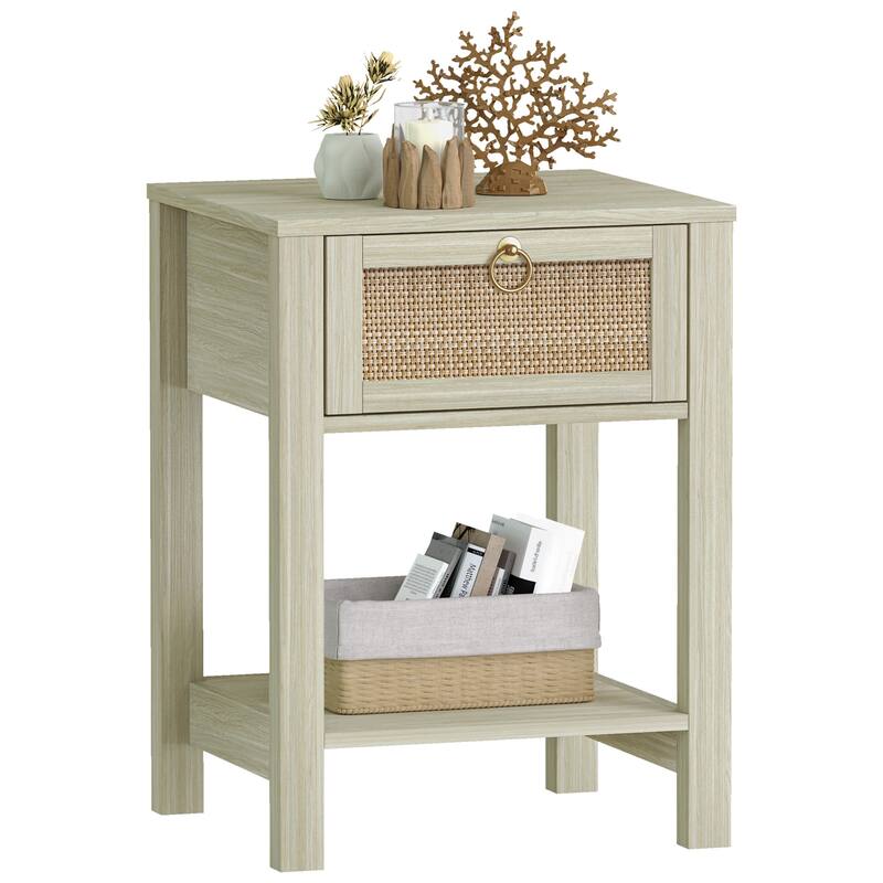 SICOTAS Farmhouse 1-Drawer Rattan Nightstand