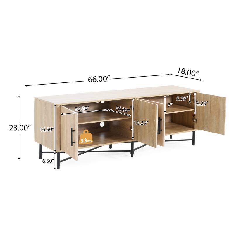 66" Media Console TV Stand with 4 Doors, Adjustable Shelves, Cable Management, Wood Finish & Metal Legs, Fits 65" TV