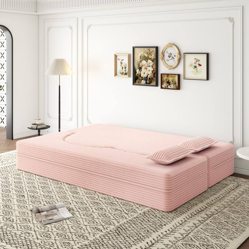 Modern 78" Full Size Convertible Corduroy Foam-Filled Sleeper Sofa,Modern Floor Sofa with 2 Pillows
