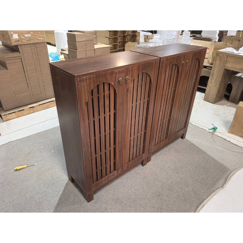 Shoe Cabinet with Louver Doors, 6-Tier Adjustable Shoe Storage Cabinet - Dark Brown