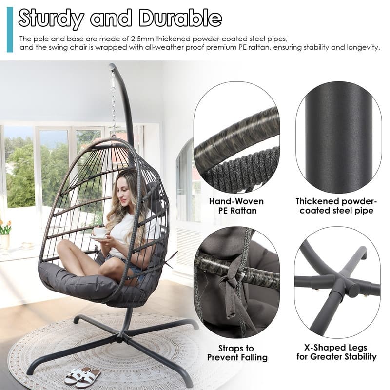 Oversized Hanging Egg Chair with Stand, Indoor Outdoor Swing Chair, 350 lbs Capacity Cozy Rattan Lounge