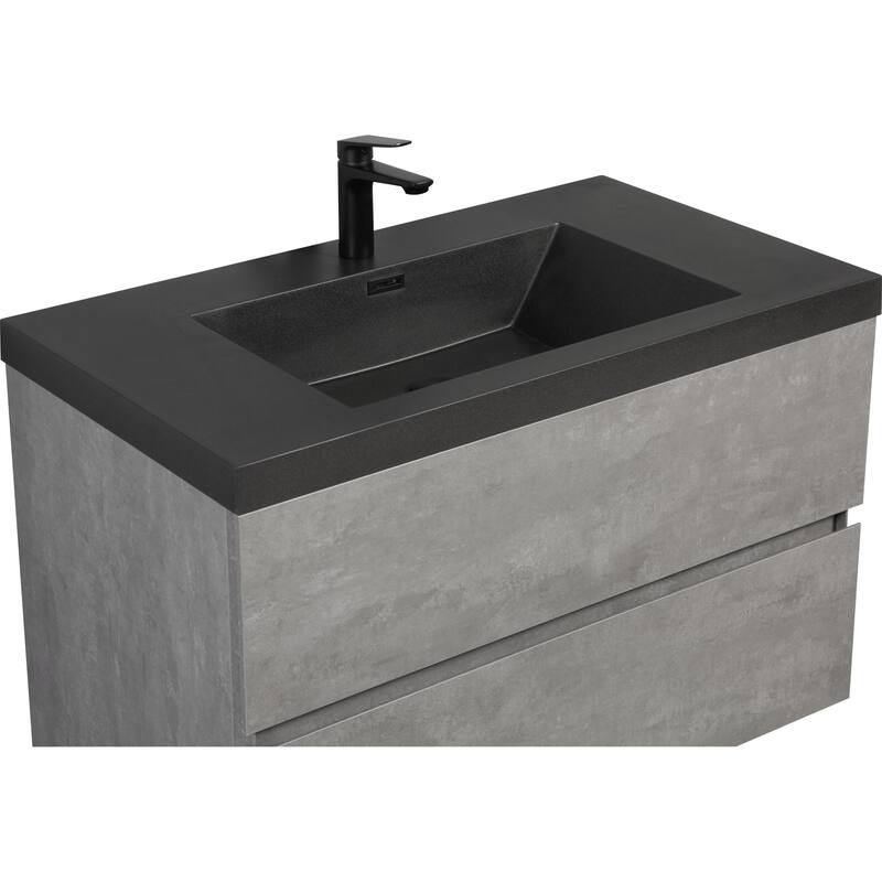 36" Wall-Mounted Floating Vanity with Premium Quartz Sand Basin, Grey Modern Storage Cabinet