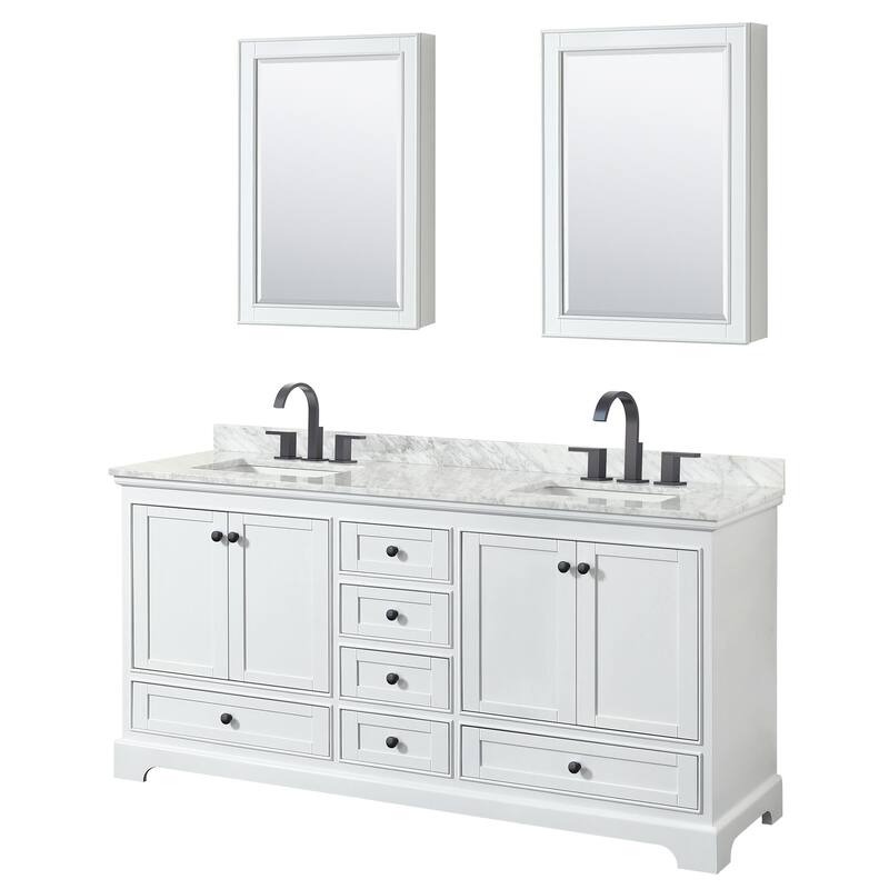 Wyndham Collection Deborah 72" Free Standing Double Vanity Set with - White / White Carrara Marble Top / Matte Black