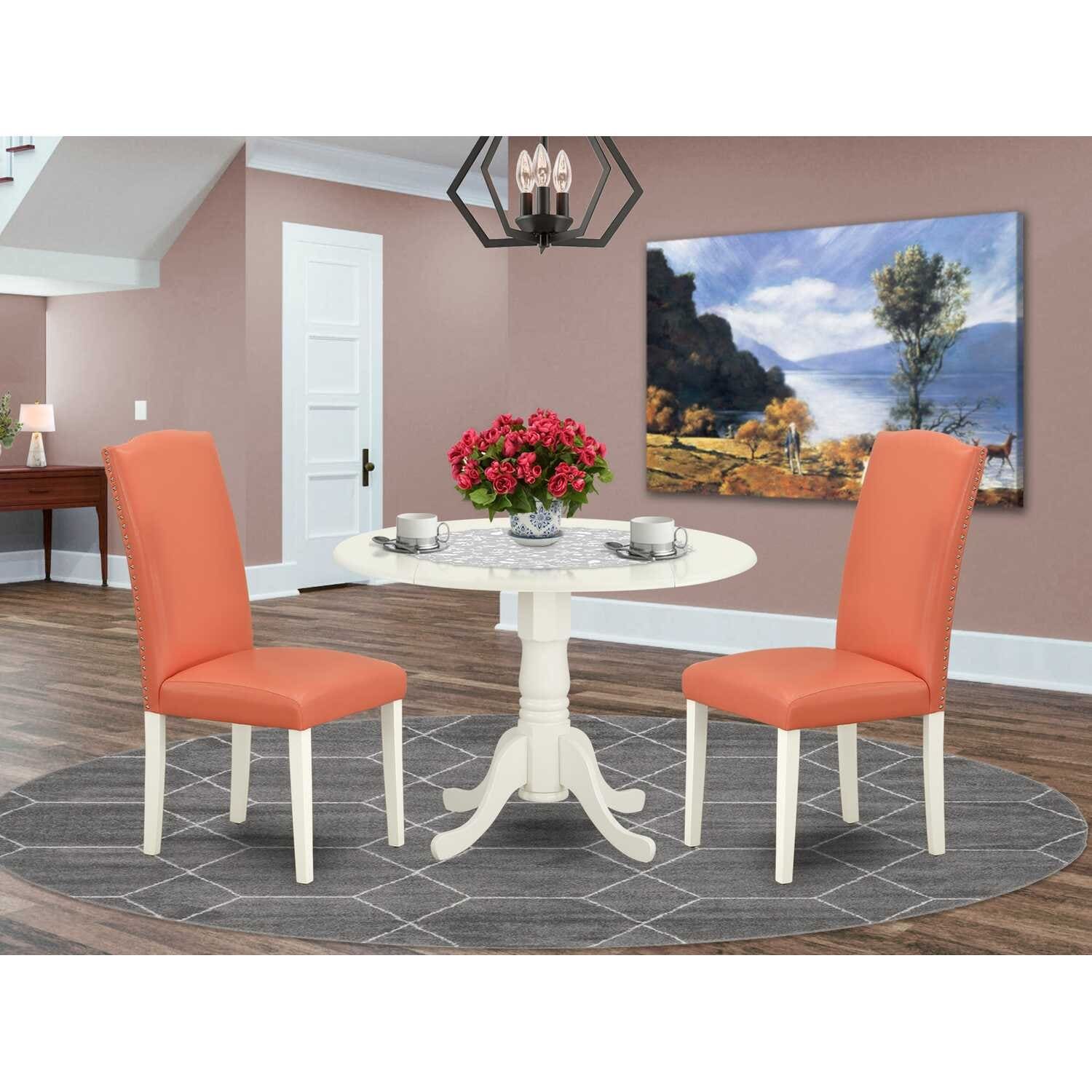 Round Kitchen Table Set 42 Inch with 2 Chairs - Pink Flamingo PU Leather & Linen White Legs
